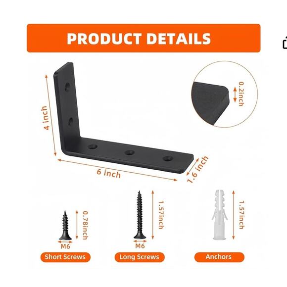 4 Pack Heavy Duty Floating Shelf Brackets, Metal L Wall Brackets- Black - Picture 2 of 4